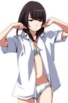  bangs black_hair blunt_bangs blush bra brown_eyes cowboy_shot dress_shirt eyebrows_visible_through_hair highres long_hair matsunaga_kouyou no_pants open_clothes open_shirt original panties shirt solo standing underwear 