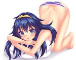  :o ass barefoot blue_eyes blue_hair blue_panties blush breasts butt_crack colored_eyelashes eyebrows eyebrows_visible_through_hair fast-runner-2024 fire_emblem fire_emblem:_kakusei full_body hair_between_eyes highres long_hair lucina medium_breasts open_mouth panties pillow pillow_hug sideboob simple_background solo striped striped_panties tiara topless underwear white_background white_panties 