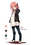  alternate_costume arms_behind_back bun_cover cardigan color_guide contemporary double_bun full_body ibaraki_kasen long_sleeves looking_at_viewer pants pink_hair plaid plaid_pants red_eyes shirt shoes short_hair simple_background smile sneakers solo touhou toutenkou twitter_username white_background 