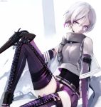  1girl arm_support artist_name bangs black_gloves blue_eyes boots breasts commentary_request dyolf eyebrows_visible_through_hair girls_frontline gloves grey_shirt gun hair_between_eyes head_tilt holding holding_gun holding_weapon knee_up multicolored_hair pink_hair purple_footwear purple_legwear purple_shorts revision shirt short_hair short_shorts shorts signature silver_hair sitting small_breasts solo streaked_hair thigh_boots thighhighs thompson/center_contender_(girls_frontline) weapon 