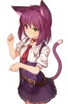  animal_ears bell bell_collar cat_ears cat_tail collar cowboy_shot heterochromia highres ibuki_notsu inconvenient_tail original paw_pose pleated_skirt puffy_short_sleeves puffy_sleeves purple_hair shirt short_sleeves skirt skirt_set solo tail vest 