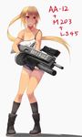  aa-12 absurdres blonde_hair boots borrowed_character collarbone commentary_request flat_chest full_body grenade_launcher grey_background gun highres jessica_jefferson knees_together_feet_apart long_hair long_sleeves m203 onibi_(foxhound4185) original ponytail red_eyes shirt_tan short_shorts shorts shotgun solo standing tan tank_top tanline underbarrel_grenade_launcher weapon 
