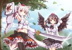  animal_ears bare_shoulders black_hair black_legwear black_wings brown_hair detached_sleeves fuyuki8208 hat inubashiri_momiji leaf looking_at_viewer maple_leaf midriff multiple_girls nature navel open_mouth photo_(object) pom_pom_(clothes) red_eyes shameimaru_aya shield short_hair silver_hair skirt smile sword tail thighhighs tokin_hat touhou tree weapon wide_sleeves wings wolf_ears wolf_tail 