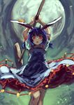  animal_ears arms_up berabou blue_dress blue_hair bunny_ears dress from_below full_moon hammer highres kine looking_at_viewer looking_down low_twintails moon open_mouth puffy_sleeves red_eyes seiran_(touhou) short_hair short_sleeves solo touhou twintails upskirt 