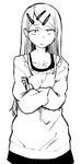  crossed_arms dagashi_kashi ear_piercing endou_saya greyscale hair_ornament hairclip kotoyama long_hair looking_at_viewer monochrome piercing simple_background solo white_background 