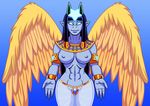  2014 abs armor baphomet bhansith black_hair blue_background blue_eyes blue_skin bracelet breasts curtsibling digital_media_(artwork) eyebrows female god_vs_god hair horn humanoid jewelry long_hair looking_at_viewer nipples simple_background smile solo star wings 