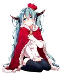  aqua_eyes aqua_hair asagao_minoru bell black_legwear blush cape crown fur_cape hair_between_eyes hair_ribbon hand_on_legs hatsune_miku horns long_hair long_sleeves looking_at_viewer red_cape ribbon seiza shorts simple_background sitting smile solo the_beast_(vocaloid) thighhighs twintails very_long_hair vocaloid white_background 