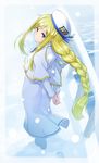  alicia_florence aria arms_behind_back blonde_hair blue_eyes braid commentary_request dress from_behind hat long_hair looking_back mofu single_braid smile snow solo uniform 