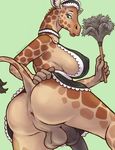  2016 animal_genitalia animal_penis anthro anus areola backsack balls big_breasts big_penis breasts chewycuticle clothing dickgirl dust_spanner equine_penis erect_nipples giraffe green_eyes hi_res hooves horn intersex maid_uniform mammal nipples penis perineum rear_view skirt skirt_lift solo uniform 