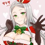  artist_name bad_id bad_pixiv_id bell bell_collar blush breasts capelet character_name cleavage collar fur_trim gloves green_eyes grey_hair heart heart_background large_breasts long_hair lowres miniru pink_background sarasa_(sennen_sensou_aigis) sennen_sensou_aigis smile solo upper_body 