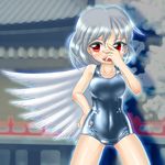 blush grey_hair hand_on_own_face kishin_sagume one-piece_swimsuit red_eyes school_swimsuit shiny shiny_clothes shiny_skin simple_background single_wing skindentation smile solo swimsuit touhou wings winn 