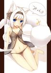  1girl alternate_costume animal_ears arm_support ass_visible_through_thighs babydoll bad_id bad_pixiv_id bangs bare_legs barefoot bell black_bow black_hairband black_panties black_ribbon blue_eyes bow bow_panties breasts cat_ears cat_tail eyebrows eyebrows_visible_through_hair fang full_body hair_intakes hair_ornament hairband highres hitodama kemonomimi_mode konpaku_youmu konpaku_youmu_(ghost) looking_at_viewer navel open_mouth panties pillarboxed ribbon see-through short_hair sitting sleeveless small_breasts solo speech_bubble stomach tail tail_bell tatapopo tears touhou underwear white_background 
