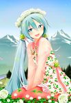  agonasubi aqua_eyes aqua_hair clover clover_(flower) dress flower four-leaf_clover hatsune_miku head_wreath long_hair mountain pantyhose pink_legwear sitting solo twintails vocaloid wariza 