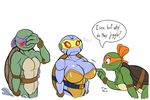  anthro big_breasts blush breasts cleavage clothed clothing crossgender dialogue donatello_(tmnt) embarrassed english_text eyelashes female group machine mask metalhead_(tmnt) michelangelo_(tmnt) open_mouth orange_eyes poking reptile robot scalie source_request speech_bubble teenage_mutant_ninja_turtles text tools turtle unknown_artist wrench 