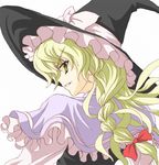  blonde_hair bow braid capelet esuurya from_behind hair_bow hat kirisame_marisa long_hair open_mouth side_braid solo touhou white_background witch_hat yellow_eyes 