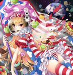  alternate_legwear american_flag_dress american_flag_legwear american_flag_panties ass astronaut_helmet blonde_hair blueberry cake candy chocolate_bar clownpiece cookie cube cupcake doughnut earth flag food fruit fuente gummy_worm hat jelly_bean jester_cap kiwifruit lime_(fruit) lollipop long_hair moon patch pudding red_eyes solo space spray_paint star_(sky) strawberry textless thighhighs touhou 