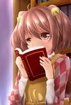  ahoge apron bell blush book bookshelf brown_hair commentary_request evandragon hair_bell hair_ornament highres japanese_clothes kimono looking_at_viewer motoori_kosuzu peeking_out reading red_eyes short_hair sitting solo touhou two_side_up 