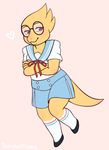  2016 alphys clothing dress eyewear female footwear glasses legwear pink_background schoolgirl shoes simple_background socks solo tagme tea-cup-kitty undertale video_games 