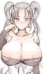  areola_slip areolae blush breasts cleavage collarbone cosplay covered_nipples dragon_quest dragon_quest_viii earrings highres horns jessica_albert jessica_albert_(cosplay) jewelry large_areolae large_breasts ogre_(dq10) pointy_ears puffy_nipples solo sweat tail twintails xyh 