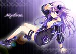  absurdres adult_neptune ankle_boots bangle blush boots bracelet breasts character_name cleavage collarbone hair_ornament highres hood hooded_track_jacket jacket jewelry long_hair medium_breasts neptune_(series) off_shoulder purple_eyes purple_hair shin_jigen_game_neptune_vii smile solo track_jacket v zero-theme 