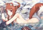  alternate_hairstyle animal_ears areolae ass blush breasts brown_hair bucket cup grin hair_bun hair_up highres holo kawakami_rokkaku looking_at_viewer nipples non-web_source nude one_eye_closed onsen partially_submerged red_eyes reflection rock sidelocks slender small_breasts smile snow solo spice_and_wolf steam tail towel towel_on_head water wolf_ears wolf_girl wolf_tail 