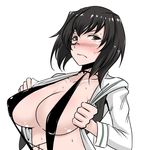  black_eyes black_hair breasts cleavage frown girls_und_panzer highres kawashima_momo large_breasts looking_at_viewer ooarai_school_uniform short_hair simple_background solo sweat torii5011 white_background 