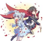  alternate_hairstyle angry blue_eyes brown_hair cloak comb facial_scar gradient_hair hair_dryer highres hood hooded_cloak iesupa jewelry multicolored_hair multiple_girls necklace petals red_hair rose_petals ruby_rose rwby scar silver_eyes silver_hair smile twintails weiss_schnee 