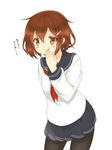  :t arm_behind_back black_legwear brown_eyes brown_hair commentary_request hair_ornament hairclip hand_to_own_mouth highres ikazuchi_(kantai_collection) kantai_collection kyounami looking_at_viewer neckerchief pantyhose red_neckwear school_uniform serafuku short_hair skirt smile solo translation_request 