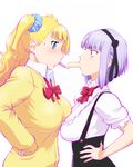  asymmetrical_docking asymmetrical_hair blonde_hair blue_eyes bow breast_contest breast_press breasts candy cardigan crossover dagashi_kashi earrings eating food food_in_mouth from_side galko hair_ornament hair_ribbon hair_scrunchie hairband hands_on_hips jewelry large_breasts long_hair long_sleeves multiple_girls one_side_up oshiete!_galko-chan pocky profile purple_hair ribbon school_uniform scrunchie season_connection shidare_hotaru shiny shiny_hair short_hair side_bun side_ponytail suspenders sweatdrop ueyama_michirou 