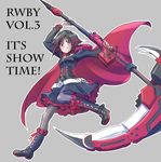  boots brown_hair bullet cross-laced_footwear english full_body gradient_hair highres iesupa lace-up_boots magazine_(weapon) multicolored_hair pantyhose petticoat red_hair release_date ruby_rose rwby scythe silver_eyes skirt smile solo 