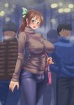  bag between_breasts blush breasts brown_hair bulge cleavage commentary dated erection erection_under_clothes futanari green_eyes handbag impossible_clothes impossible_sweater kamiya_midori large_breasts long_hair looking_at_viewer original ponytail ribbed_sweater smile solo_focus strap_cleavage sweater zheng 