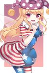  :d american_flag_dress american_flag_legwear bad_id bad_pixiv_id blush breasts clownpiece fairy_wings fangs finger_to_cheek hat highres jester_cap long_hair looking_at_viewer medium_breasts open_mouth pantyhose papo purple_eyes smile solo touhou very_long_hair wings 