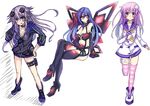  absurdres adult_neptune blue_hair blush breasts cleavage d-pad d-pad_hair_ornament elbow_gloves gloves hair_ornament hands_on_hips highres hood hooded_track_jacket hoodie iris_heart jacket jewelry long_hair looking_at_viewer medium_breasts multiple_girls navel nepgear neptune_(series) power_symbol purple_eyes purple_hair red_eyes sketch smile striped striped_legwear symbol-shaped_pupils thighhighs track_jacket wings zero-theme 