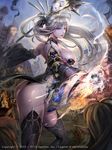  artist_request ass bare_shoulders breasts cleavage hair_ornament large_breasts legend_of_the_cryptids long_hair long_sleeves looking_back magic pointy_ears ponytail purple_eyes revealing_clothes smile solo_focus staff weapon 