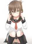  absurdres bespectacled black_legwear blush brown_hair folded_ponytail glasses highres inazuma_(kantai_collection) kantai_collection long_hair neckerchief panties pantyshot pantyshot_(sitting) pleated_skirt school_uniform serafuku sitting skirt socks solo underwear white_panties yuushin 