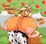  anthro applejack_(mlp) belly big_belly big_breasts blonde_hair breast_expansion breasts clothed clothing cutie_mark earth_pony english_text equine female friendship_is_magic fur graphene green_eyes hair hooves horn horse huge_breasts hyper hyper_breasts long_hair mammal my_little_pony open_mouth overweight pony slightly_chubby solo text 