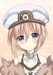  absurdres bare_shoulders blanc blue_eyes blush brown_hair close-up fur_trim hat highres looking_at_viewer neptune_(series) short_hair smile solo zero-theme 