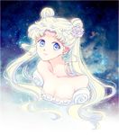  bishoujo_senshi_sailor_moon blue_eyes breasts cleavage crescent double_bun earrings facial_mark flower forehead_mark hair_flower hair_ornament jewelry long_hair medium_breasts princess_serenity rose saki_(hxaxcxk) smile solo tsukino_usagi twintails upper_body white_hair 