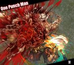  afterimage bald beast_king_(one-punch_man) blood bodysuit boots cape copyright_name emphasis_lines eyeball foreshortening gloves guro intestines itadori_shuu male_focus motion_blur multiple_boys one-punch_man punching red_footwear red_gloves saitama_(one-punch_man) shorts signature size_difference torn_clothes veins white_hair 