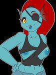  2016 anthro areola black_background breasts claws clothing ear_fins eye_patch eyewear female fin fish hair hi_res inverted_nipples kloudmutt looking_at_viewer marine monster navel nipples orange_eyes ponytail red_hair simple_background slit_pupils solo torn_clothing undertale undyne video_games yellow_sclera 