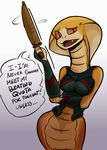  alien armor breasts cobra cute_fangs dialogue fangs female gun inquisitive_face naga no_trigger_discipline ranged_weapon red_eyes reptile scalie snake solo teeth unknown_artist video_games vigilo_confido viper_(x-com) weapon x-com 