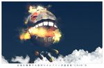  bomb cloud directional_arrow english fire floating_fortress_(kantai_collection) kantai_collection kitsuneno_denpachi naka_(kantai_collection) no_humans shinkaisei-kan sky text_focus translated 