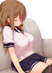  black_legwear blush breasts brown_hair couch crop_top jpeg_artifacts kaisen_chuui large_breasts long_hair low_twintails midriff miniskirt original parted_lips pleated_skirt school_uniform serafuku sitting skirt sleeping solo thighhighs twintails 