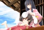  :3 ^_^ animal_ears black_hair blue_sky blurry blush_stickers bunny_ears carrot_necklace closed_eyes day depth_of_field evandragon highres houraisan_kaguya inaba_tewi long_hair lying lying_on_lap lying_on_person multiple_girls on_stomach short_hair sitting sky touhou 
