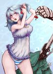  adjusting_hair babydoll backpack backpack_removed bag bare_arms bare_shoulders breasts flying_sweatdrops grey_eyes hair_bobbles hair_ornament highres hips hoshibuchi kawashiro_nitori key large_breasts mechanical_arm mouth_hold open_mouth panties silver_hair solo striped striped_panties toothbrush toothbrush_in_mouth touhou tying_hair underwear underwear_only 