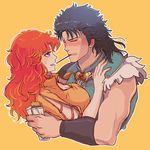  1girl black_hair blush breasts cleavage closed_eyes food hokuto_no_ken holding large_breasts mamiya mayuzumi mouth_hold muscle open_mouth orange_hair outline pocky purple_eyes rei_(hokuto_no_ken) sweatdrop 