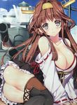  ass bad_source bare_shoulders blush boots breasts brown_hair cleavage detached_sleeves double_bun headgear japanese_clothes kantai_collection kongou_(kantai_collection) large_breasts long_hair long_sleeves looking_at_viewer miniskirt nontraditional_miko sitting skirt smile solo tamiya_akito thigh_boots thighhighs very_long_hair wide_sleeves 