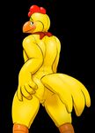  2016 anthro avian beak bird blush bulge butt chicken cubi feathers flir hi_res inflatable looking_at_viewer looking_back male neckerchief presenting presenting_hindquarters rubber simple_background smile solo 