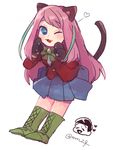  1girl animal_ears blue_eyes boots bow cat_ears cat_paws cat_tail chibi cross-laced_footwear fang full_body gloves hashimoto_nyaa heart highres lace-up_boots long_hair matsuno_choromatsu momoyo_(mm29) multicolored_hair osomatsu-kun osomatsu-san paw_gloves paws school_uniform simple_background skirt smile streaked_hair tail twitter_username white_background 