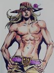  ball brown_hair cowboy_hat facial_hair goggles goggles_on_headwear gyro_zeppeli hands_on_hips hat highres jojo_no_kimyou_na_bouken lipstick makeup male_focus navel qi_(bleachcxn) shirtless solo spinning steel_ball steel_ball_run upper_body 